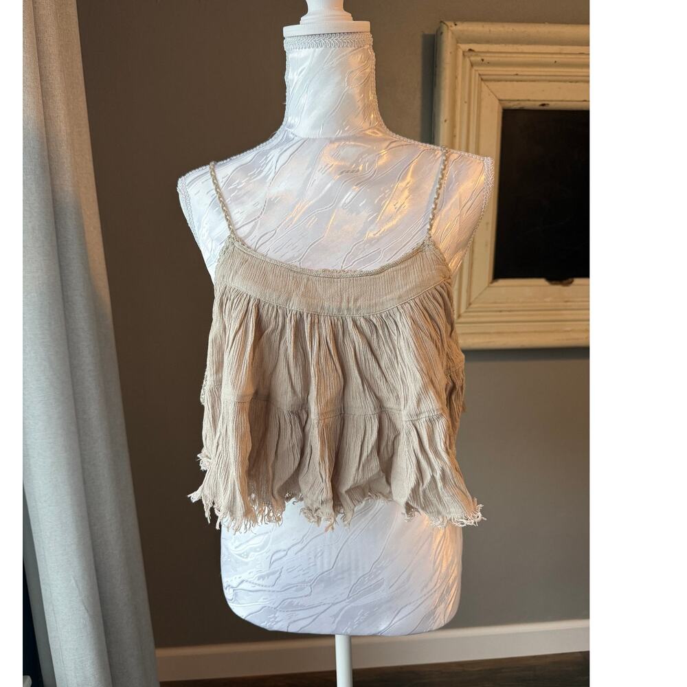 Aerie Boho Gauze Tiered Crop Cami Top Braided Tassel Tie Tan XS